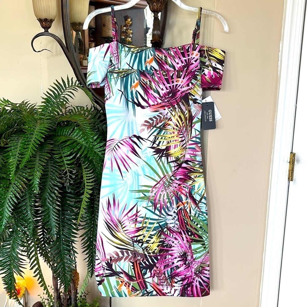 Brand New Guess Tropical Palm Printed Mini Sheath Dress Off Shoulder Cruise